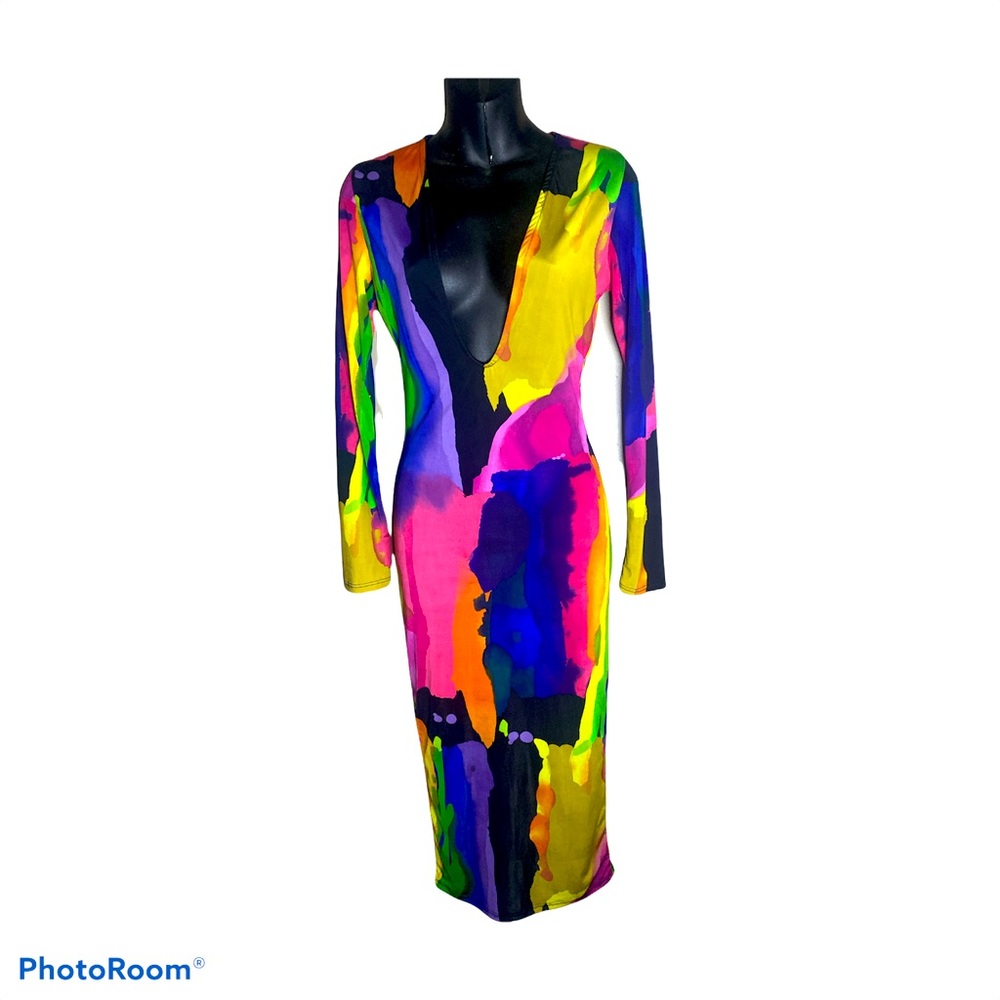 Very Sexy Plunge Water Color MIDI LongSleeve Dress